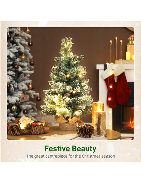 HOMCOM 60 cm Prelit Small Christmas Tree, Snow Flocked Tabletop Mini Xmas Tree with 35 LED Lights, Pine Cones and Linen Cover Ba - pic 211447 | FastDaddyshop