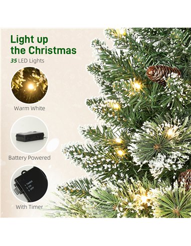 HOMCOM 60 cm Prelit Small Christmas Tree, Snow Flocked Tabletop Mini Xmas Tree with 35 LED Lights, Pine Cones and Linen Cover Ba