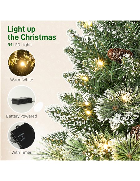 HOMCOM 60 cm Prelit Small Christmas Tree, Snow Flocked Tabletop Mini Xmas Tree with 35 LED Lights, Pine Cones and Linen Cover Ba - pic 211448 | FastDaddyshop