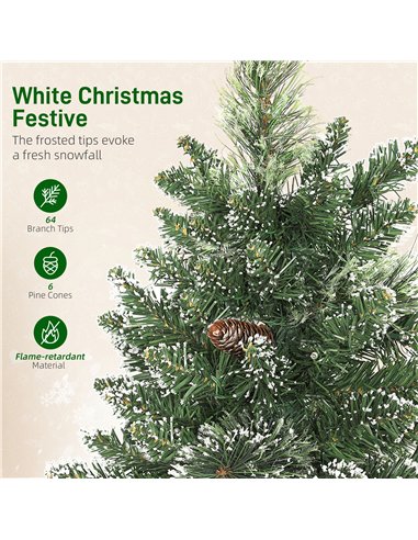 HOMCOM 60 cm Prelit Small Christmas Tree, Snow Flocked Tabletop Mini Xmas Tree with 35 LED Lights, Pine Cones and Linen Cover Ba