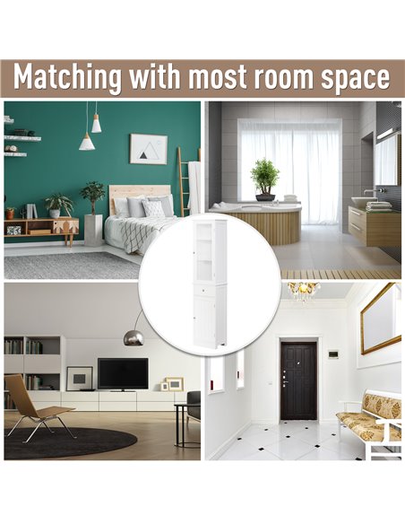 Kleankin Free Standing Slim Bathroom Storage Cabinet with 3-tier Shelf, Drawer, Door, White - pic 21145 | FastDaddyshop