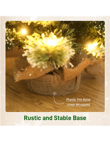 HOMCOM 60 cm Prelit Small Christmas Tree, Snow Flocked Tabletop Mini Xmas Tree with 35 LED Lights, Pine Cones and Linen Cover Ba