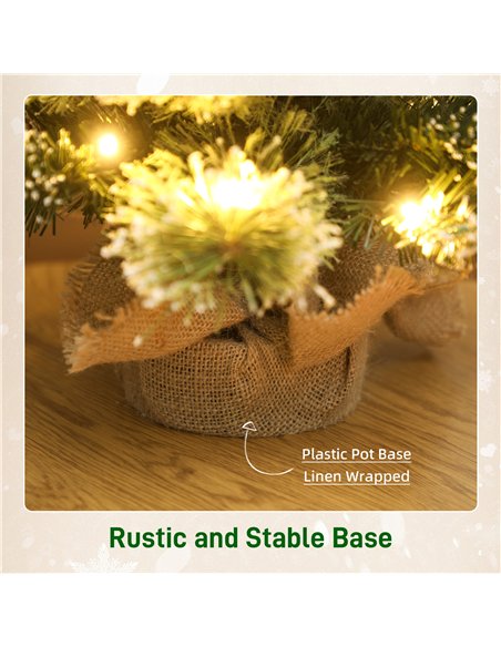 HOMCOM 60 cm Prelit Small Christmas Tree, Snow Flocked Tabletop Mini Xmas Tree with 35 LED Lights, Pine Cones and Linen Cover Ba - pic 211450 | FastDaddyshop