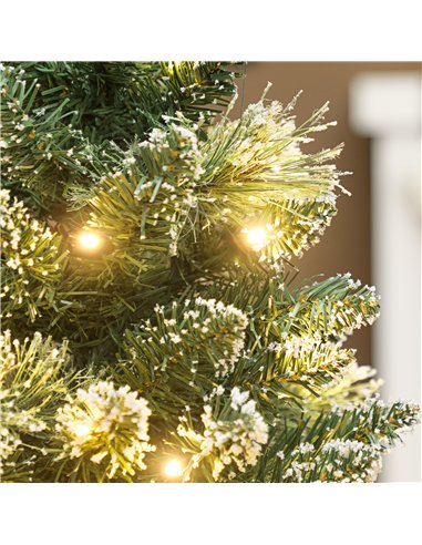 HOMCOM 60 cm Prelit Small Christmas Tree, Snow Flocked Tabletop Mini Xmas Tree with 35 LED Lights, Pine Cones and Linen Cover Ba