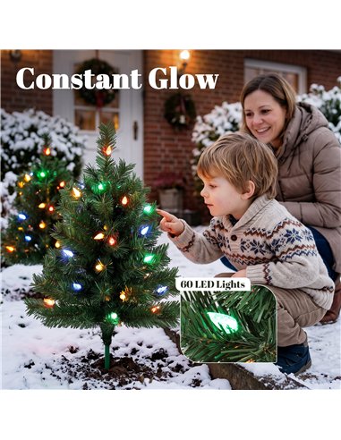 HOMCOM 60 cm Prelit Christmas Tree, 2 Packs Artificial Christmas Trees with 60 Colourful LED Lights, 130 Tips, Green