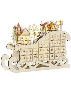 HOMCOM Christmas Advent Calendar, 2021 Light up Table Xmas Wooden Sleigh Holiday Decoration with Countdown Drawer, Village, for 