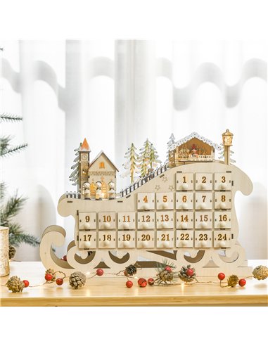 HOMCOM Christmas Advent Calendar, 2021 Light up Table Xmas Wooden Sleigh Holiday Decoration with Countdown Drawer, Village, for 