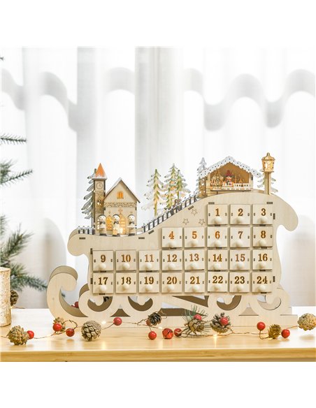 HOMCOM Christmas Advent Calendar, 2021 Light up Table Xmas Wooden Sleigh Holiday Decoration with Countdown Drawer, Village, for  - pic 211517 | FastDaddyshop