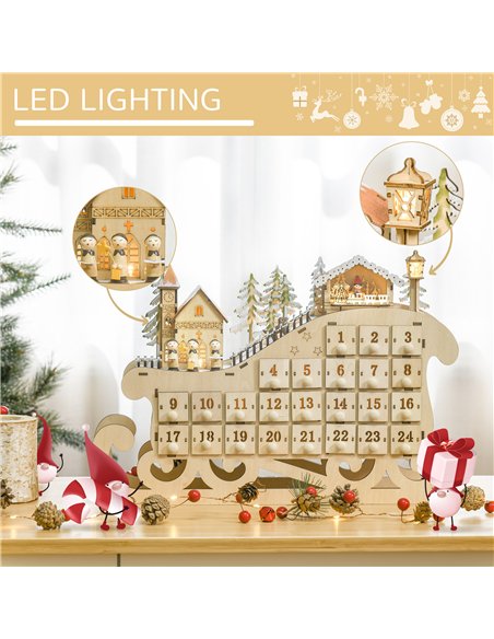 HOMCOM Christmas Advent Calendar, 2021 Light up Table Xmas Wooden Sleigh Holiday Decoration with Countdown Drawer, Village, for  - pic 211519 | FastDaddyshop