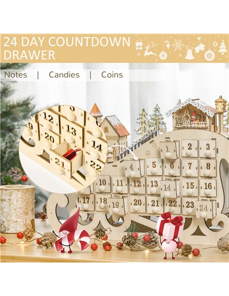 HOMCOM Christmas Advent Calendar, 2021 Light up Table Xmas Wooden Sleigh Holiday Decoration with Countdown Drawer, Village, for  - pic 211520 | FastDaddyshop