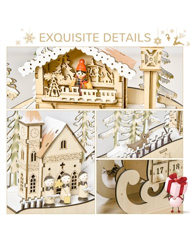 HOMCOM Christmas Advent Calendar, 2021 Light up Table Xmas Wooden Sleigh Holiday Decoration with Countdown Drawer, Village, for 