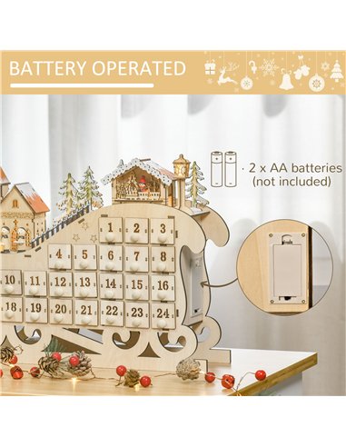 HOMCOM Christmas Advent Calendar, 2021 Light up Table Xmas Wooden Sleigh Holiday Decoration with Countdown Drawer, Village, for 