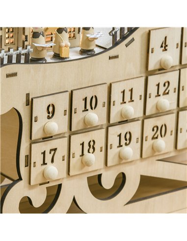 HOMCOM Christmas Advent Calendar, 2021 Light up Table Xmas Wooden Sleigh Holiday Decoration with Countdown Drawer, Village, for 