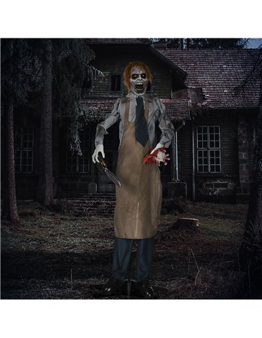 HOMCOM 5.5ft Life Size Halloween Animatronic Standing Chainsaw Killer, with Light Up Eyes, Sound Activated Moving Body, Scary Ha