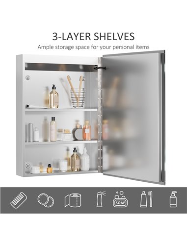 Kleankin LED Illuminated Bathroom Mirror Cabinet with LED Lights, Shelves, Touch Switch, Silver