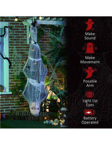 HOMCOM 4.7ft Life Size Outdoor Halloween Decoration Hanging Mummy with Spider Web, Animated Prop Decor with Sound and Motion Act