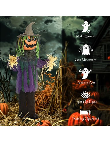 HOMCOM 3'6" Pumpkin Scarecrow Halloween Animatronic, with Glowing Eyes