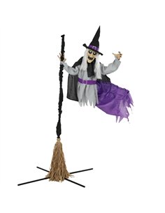 HOMCOM 200cm Life Size Animated Flying Witch Halloween Decorations Outdoor Indoor, Scary Halloween Animatronics Decor