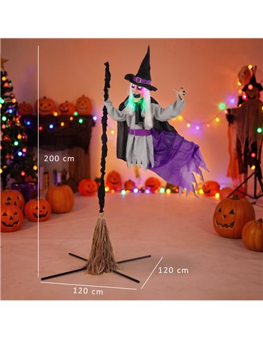 HOMCOM 200cm Life Size Animated Flying Witch Halloween Decorations Outdoor Indoor, Scary Halloween Animatronics Decor