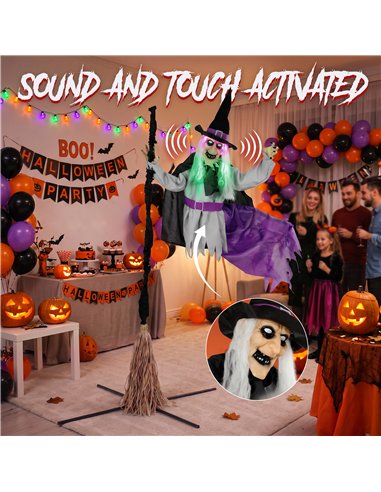 HOMCOM 200cm Life Size Animated Flying Witch Halloween Decorations Outdoor Indoor, Scary Halloween Animatronics Decor
