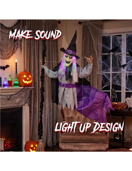 HOMCOM 200cm Life Size Animated Flying Witch Halloween Decorations Outdoor Indoor, Scary Halloween Animatronics Decor - pic 211611 | FastDaddyshop