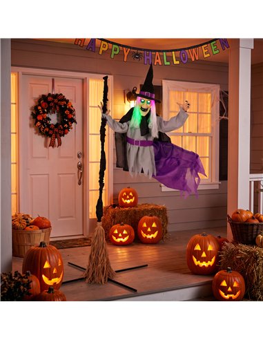 HOMCOM 200cm Life Size Animated Flying Witch Halloween Decorations Outdoor Indoor, Scary Halloween Animatronics Decor