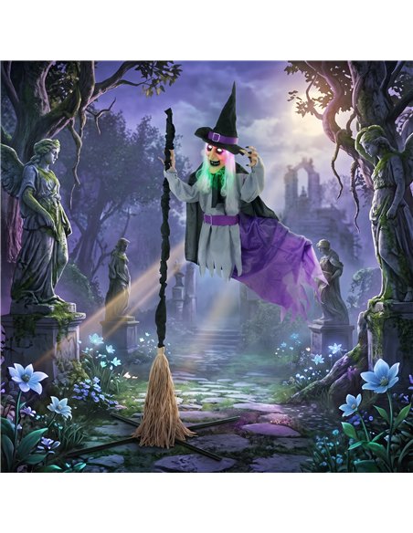 HOMCOM 200cm Life Size Animated Flying Witch Halloween Decorations Outdoor Indoor, Scary Halloween Animatronics Decor - pic 211614 | FastDaddyshop