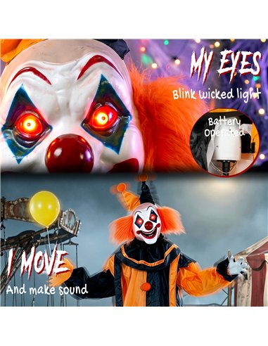 HOMCOM 190cm Life Size Animated Clown Halloween Decoration, Scary Halloween Animatronics Decor with Sound Touch Activated