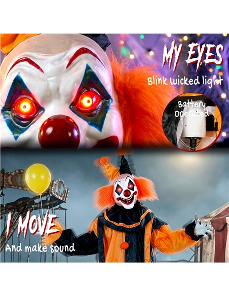 HOMCOM 190cm Life Size Animated Clown Halloween Decoration, Scary Halloween Animatronics Decor with Sound Touch Activated - pic 211618 | FastDaddyshop