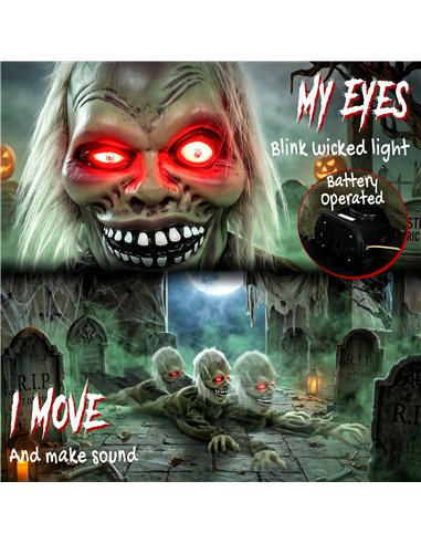 HOMCOM Halloween Decoration Halloween Animatronic Crawling Zombie with Light-Up Eyes and Creepy Sound
