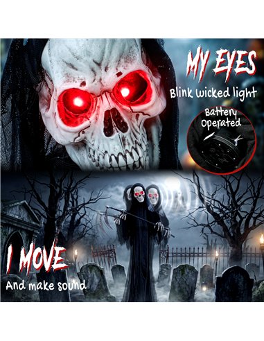 HOMCOM 183cm Life Size Animated Grim Reaper Halloween Decoration, Scary Halloween Animatronics Decor with Sound Touch Activated