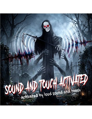 HOMCOM 183cm Life Size Animated Grim Reaper Halloween Decoration, Scary Halloween Animatronics Decor with Sound Touch Activated