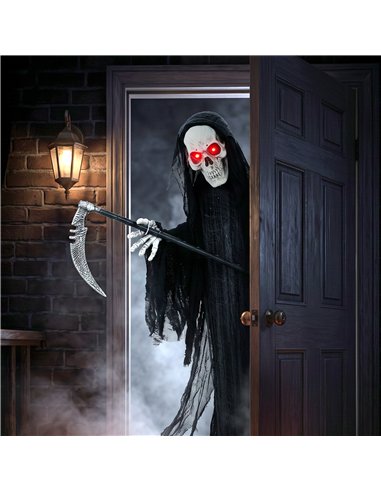 HOMCOM 183cm Life Size Animated Grim Reaper Halloween Decoration, Scary Halloween Animatronics Decor with Sound Touch Activated