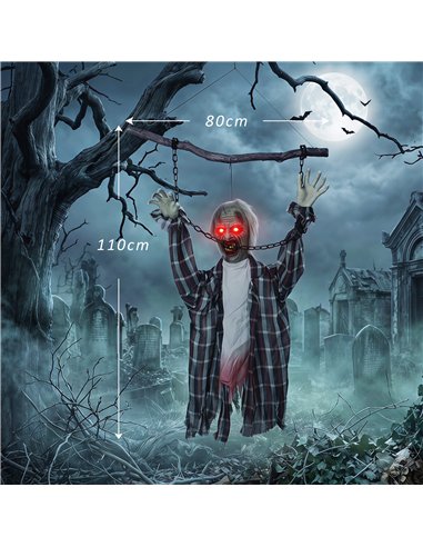 HOMCOM 110cm Screaming Animated Hanging Halloween Decoration, Sound Touch Activated Zombie Decor with Glowing Red Eyes