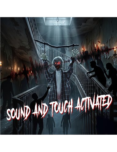 HOMCOM 110cm Screaming Animated Hanging Halloween Decoration, Sound Touch Activated Zombie Decor with Glowing Red Eyes