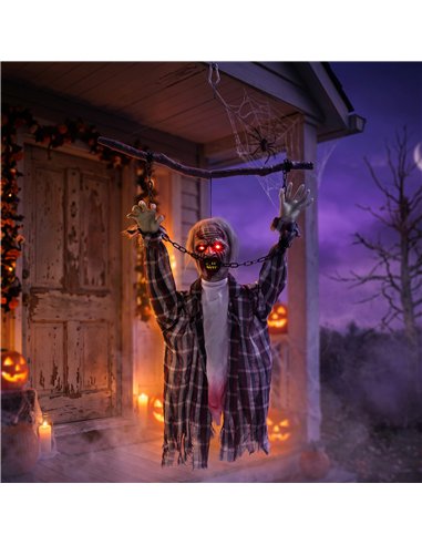 HOMCOM 110cm Screaming Animated Hanging Halloween Decoration, Sound Touch Activated Zombie Decor with Glowing Red Eyes