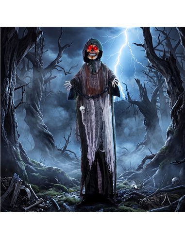 HOMCOM 170cm Animated Grim Reaper, Life-Size Halloween Animatronic with Moving Hands/Head, Glowing Eyes, Creepy Sound