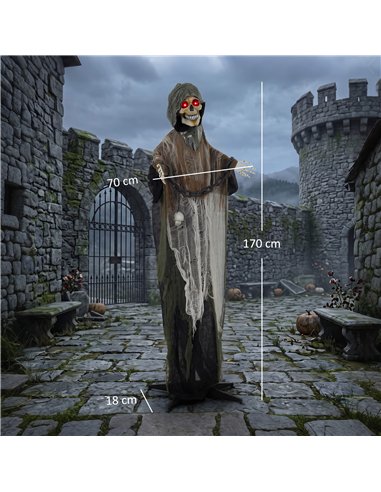 HOMCOM 170cm Animated Grim Reaper, Life-Size Halloween Animatronic with Moving Hands/Head, Glowing Eyes, Creepy Sound