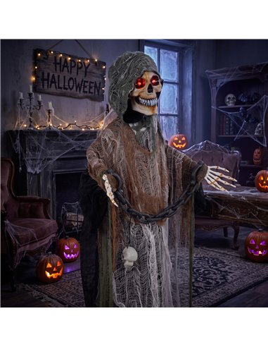 HOMCOM 170cm Animated Grim Reaper, Life-Size Halloween Animatronic with Moving Hands/Head, Glowing Eyes, Creepy Sound