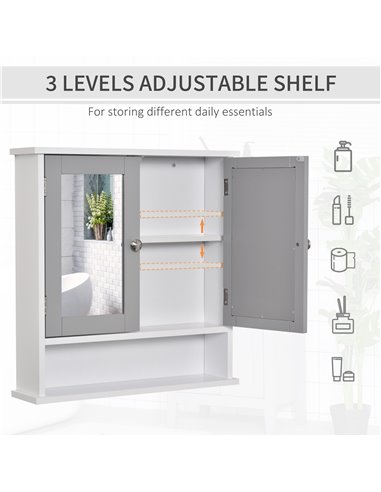 Kleankin Mirror Cabinet Wall Mounted with Double Mirrored Doors, Shelf, Grey