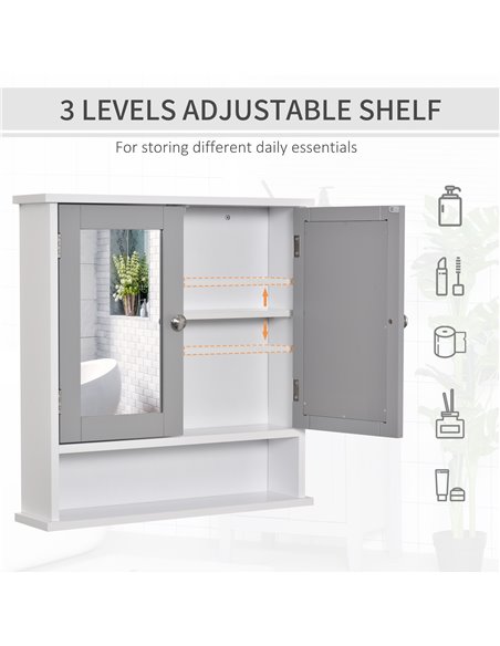 Kleankin Mirror Cabinet Wall Mounted with Double Mirrored Doors, Shelf, Grey - pic 21168 | FastDaddyshop