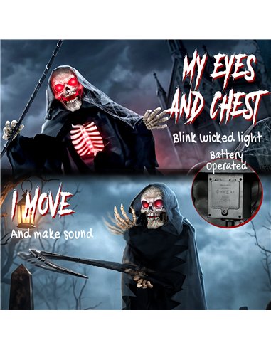 HOMCOM 170cm Life Size Animated Grim Reaper Halloween Decoration, Scary Halloween Animatronics Decor with Sound Touch Activated