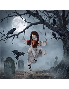 HOMCOM 80 cm Halloween Animated Hanging Creepy Girl on Swing Decoration, Kicking Legs, Sound and Touch Activated 2
