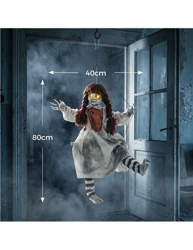HOMCOM 80 cm Halloween Animated Hanging Creepy Girl on Swing Decoration, Kicking Legs, Sound and Touch Activated