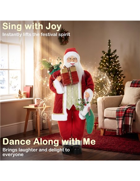 HOMCOM 4ft Life Size Singing Dancing Santa Claus, 120 cm Standing Musical Animated Santa with Stocking, Sack, Posable Arms, Hand - pic 211708 | FastDaddyshop