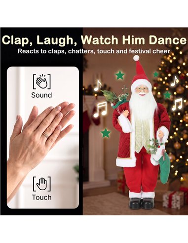 HOMCOM 4ft Life Size Singing Dancing Santa Claus, 120 cm Standing Musical Animated Santa with Stocking, Sack, Posable Arms, Hand