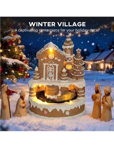 HOMCOM Christmas Gingerbread House, Lighted Musical Snow Village with Rotating Train, LEDs, Tunes, Battery Operated