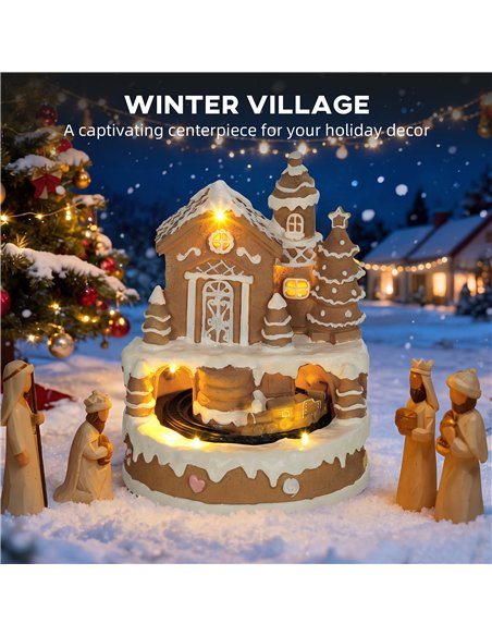 HOMCOM Christmas Gingerbread House, Lighted Musical Snow Village with Rotating Train, LEDs, Tunes, Battery Operated - pic 211717 | FastDaddyshop
