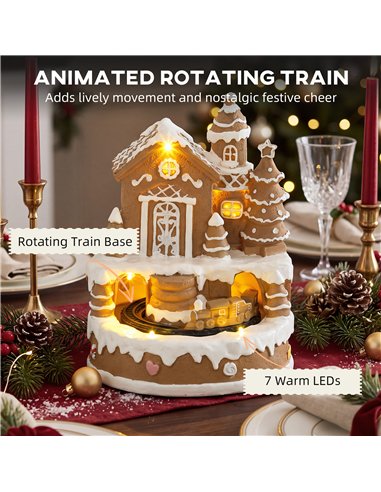 HOMCOM Christmas Gingerbread House, Lighted Musical Snow Village with Rotating Train, LEDs, Tunes, Battery Operated