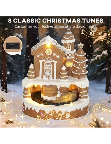 HOMCOM Christmas Gingerbread House, Lighted Musical Snow Village with Rotating Train, LEDs, Tunes, Battery Operated
